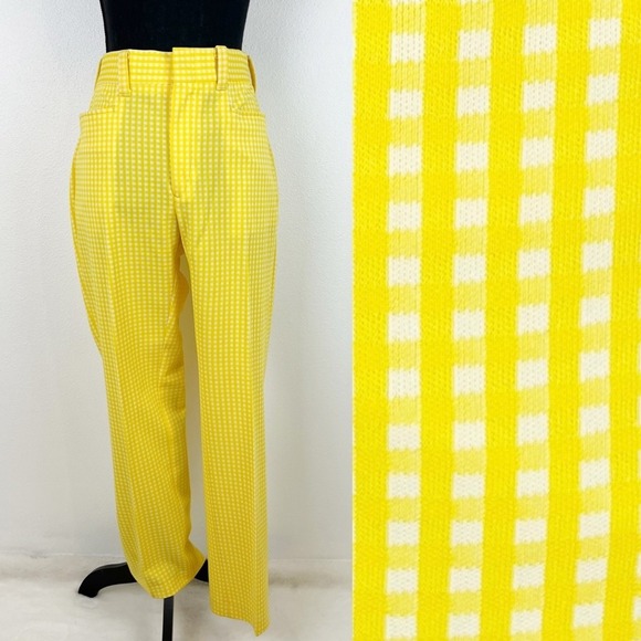 Vintage Women's M Pants Trousers Yellow Gingham 70s Mod Revival Retro Chic MCM - Picture 4 of 12